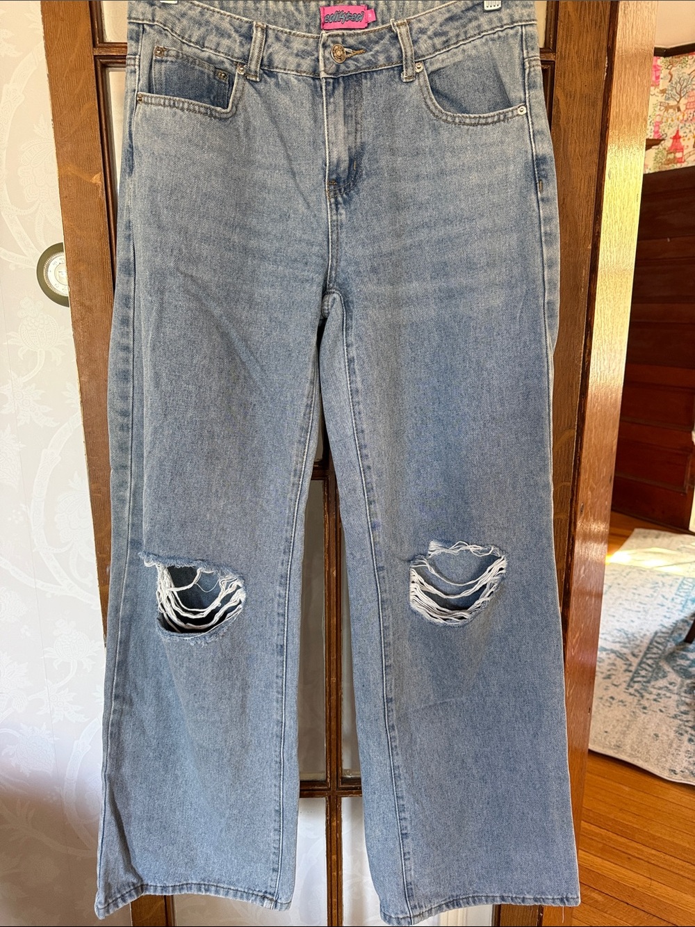Edikted Light Blue Distressed Wide-Leg Jeans